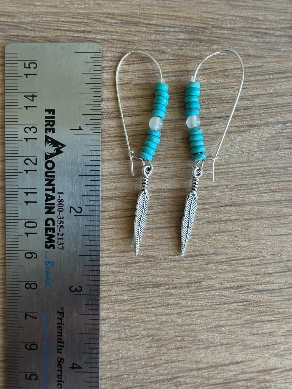 HAND CRAFTED TURQUOISE & WHITE QUARTZ FEATHER DANGLE EARRINGS Boho Western - Picture 8 of 9